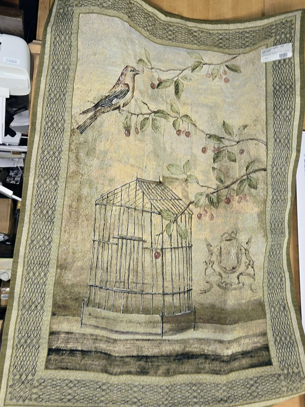 Oiseav Cage Cerise Woven Tapestry Wall Hanging - Cream & Green